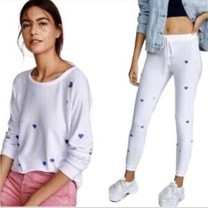 Chaser Cozy Hearts Loungewear White Knit Graphic Jogger Set Long Sleeve NWT S